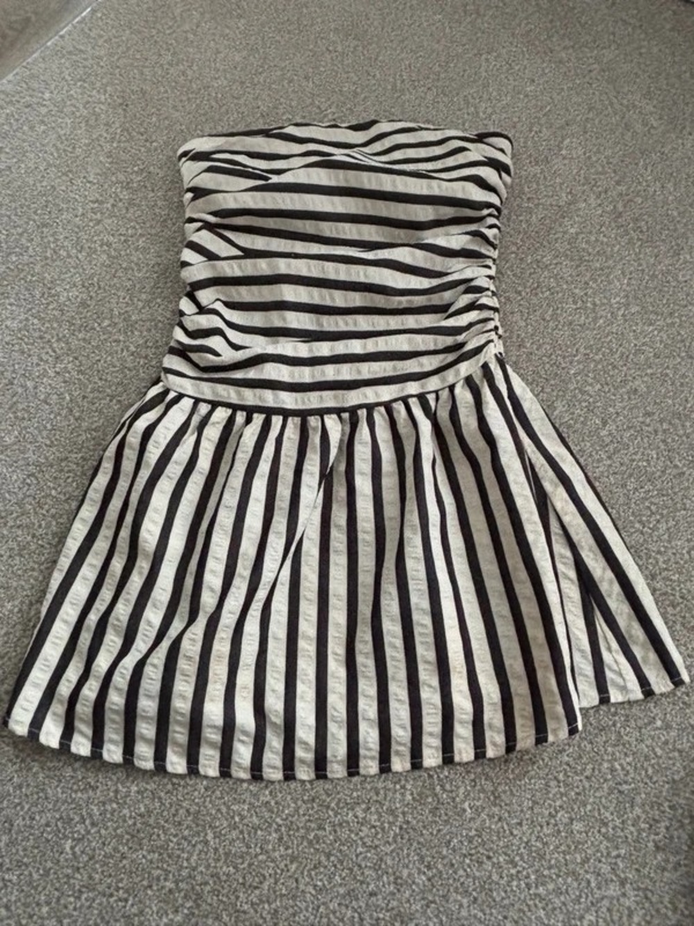 Striped Strapless Black and White Fit-and-Flare Dress